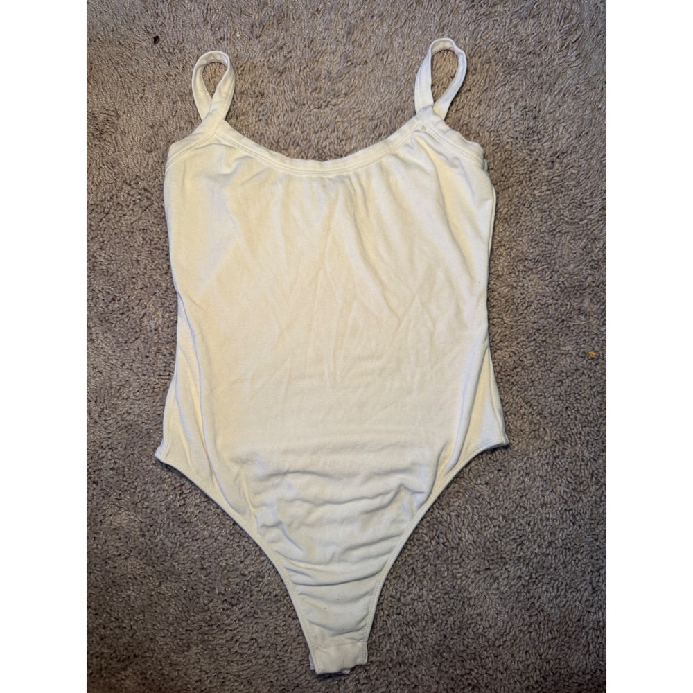 White Fox Boutique White Ribbed Scoop Neck Thong Bodysuit Medium